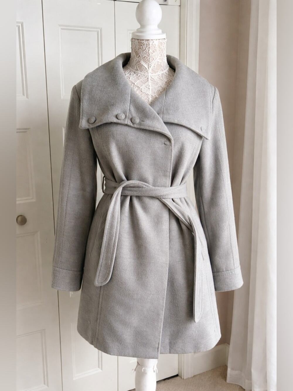 Womens Gray Wool Blend Wrap Coat Belted Jacket Oversized Collar Mid Length Coat